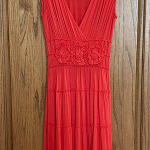 Sleeveless V-Neck Red Midi Dress with Rosette Waist